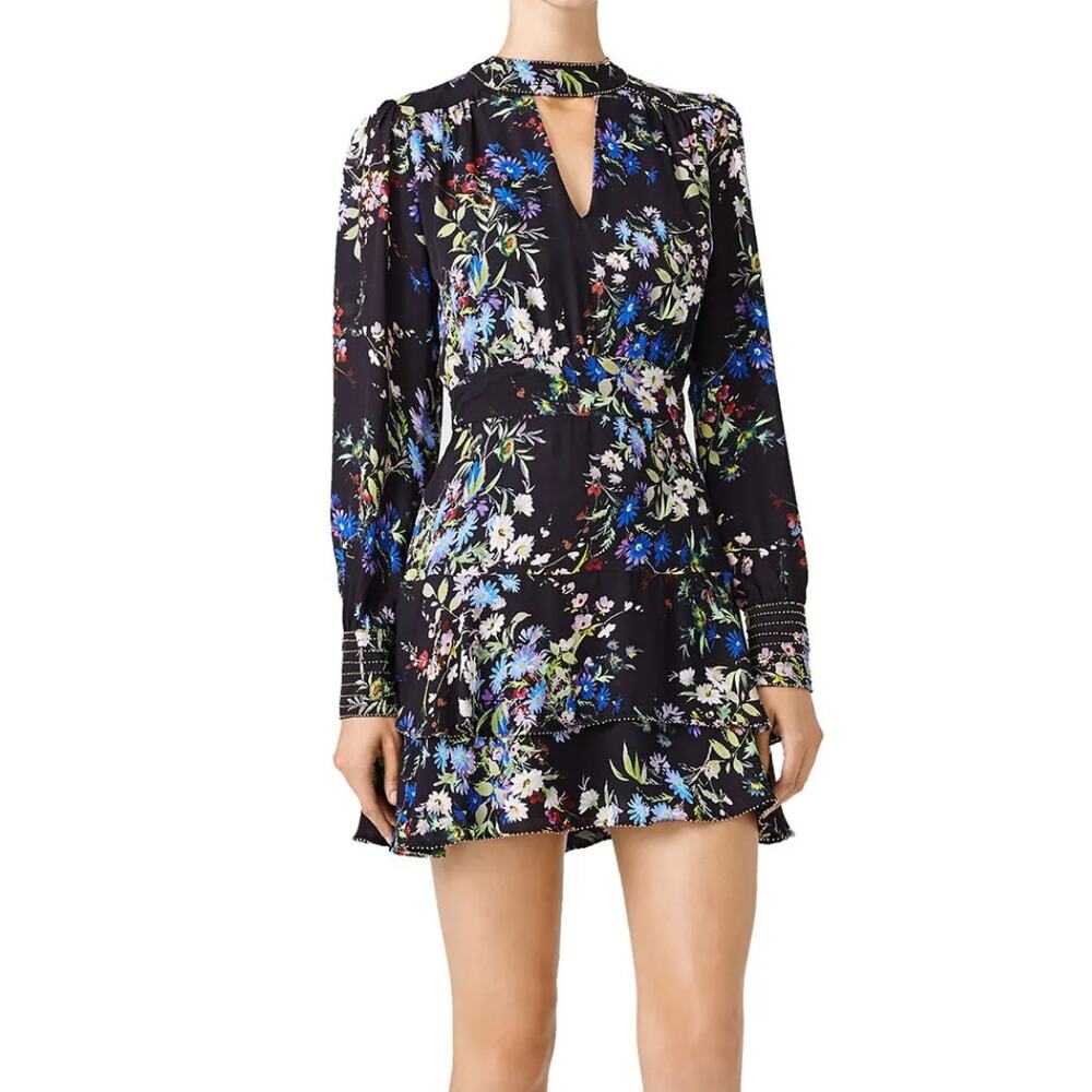 Parker Chrissy 100% Silk Black Floral Bead Embellished Long Sleeve Mini Dress